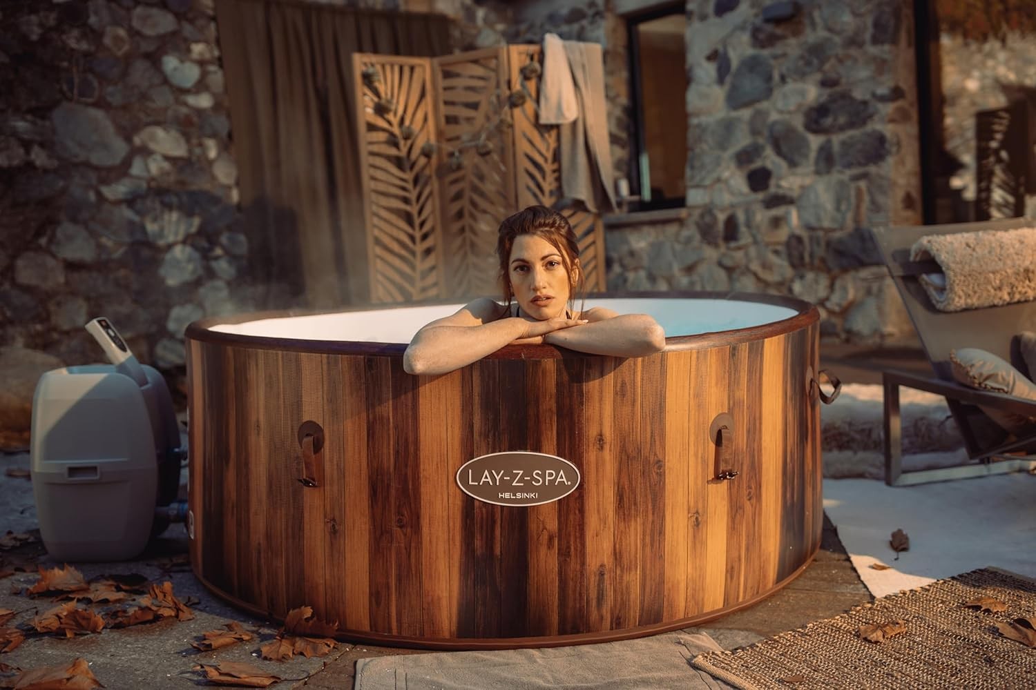 7 Person Inflatable Hot Tub Wood Effect Smart AirJet Heated Spa