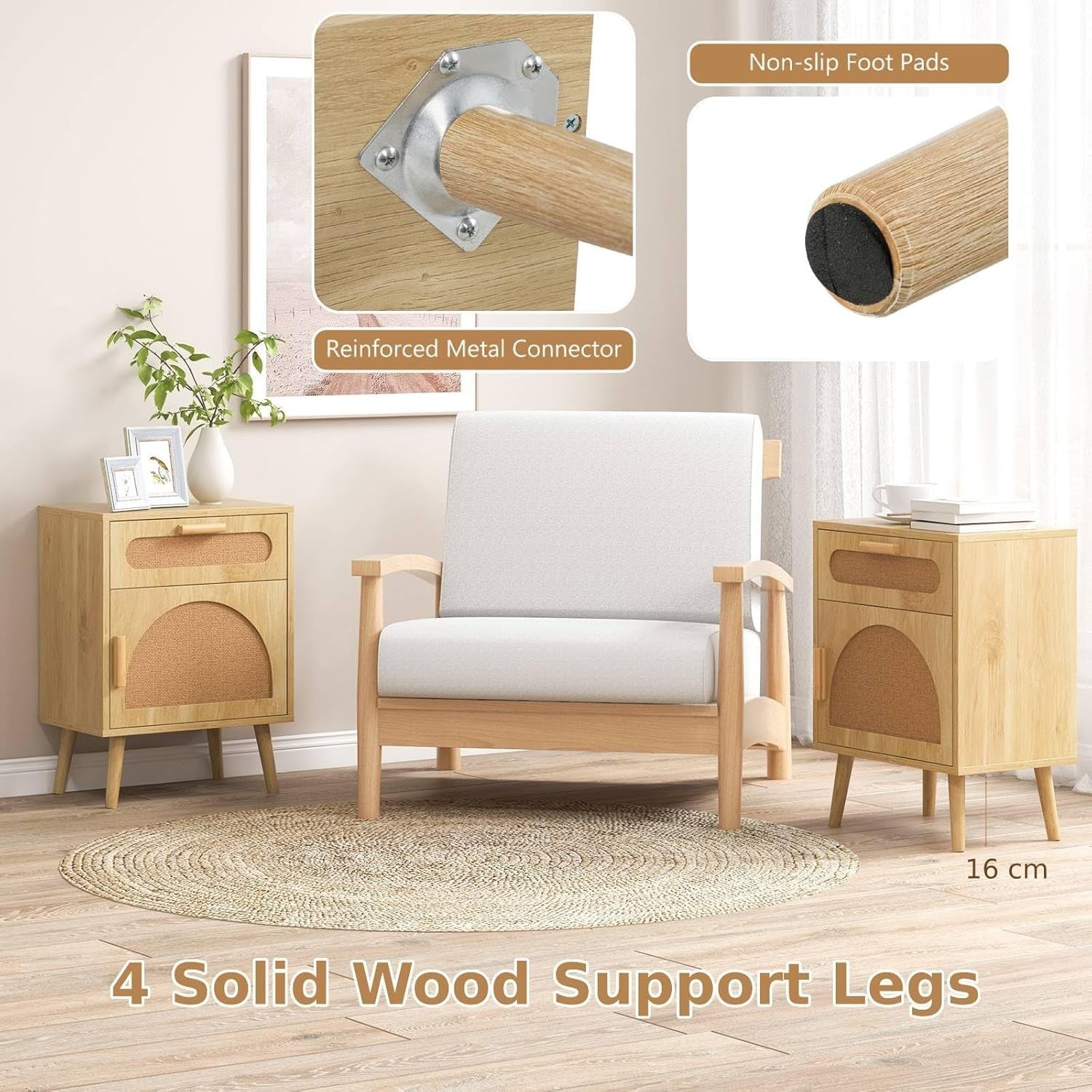 Wooden Rattan Bedside Tables Set of 2 | Boho Nightstands with Storage & Shelf