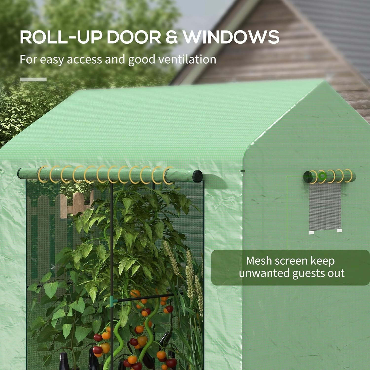 Walk-In Greenhouse with Roll-Up Door & Mesh Windows | 200x140x200cm