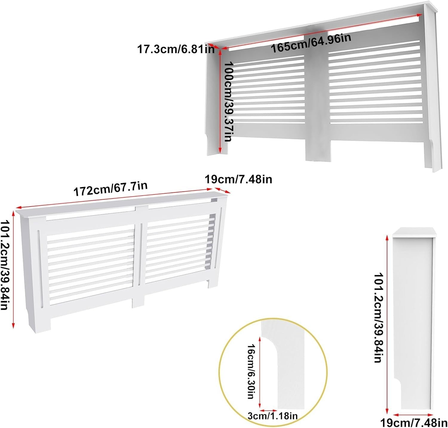 Radiator Cover White MDF Cabinet | Horizontal Slats Extra Large Shelf 152cm