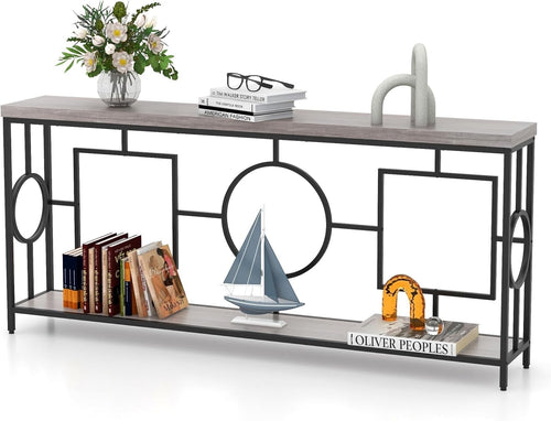 Slim 2-Tier Console Table with Storage Shelf & Wood Grain Top, Black Frame