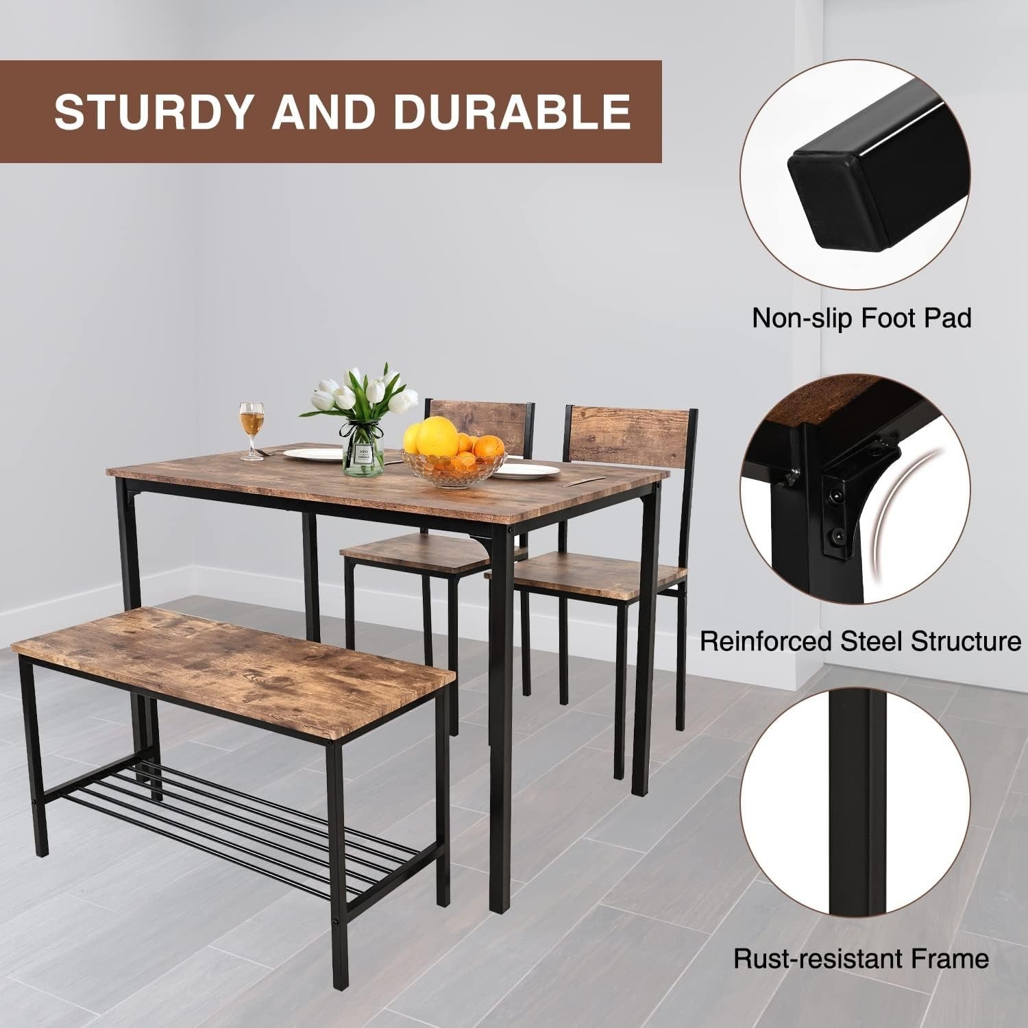 Rustic Dining Table Set with Bench & 2 Chairs – Space-Saving Kitchen Furniture