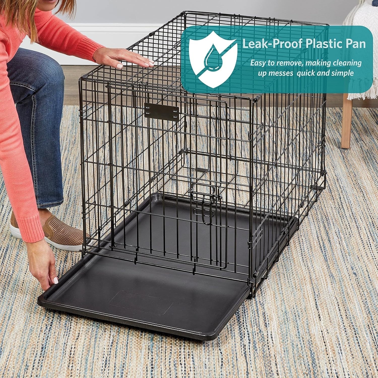 Double Door Small Dog Crate 24" Foldable Metal Cage with Divider, Leak-Proof Pan