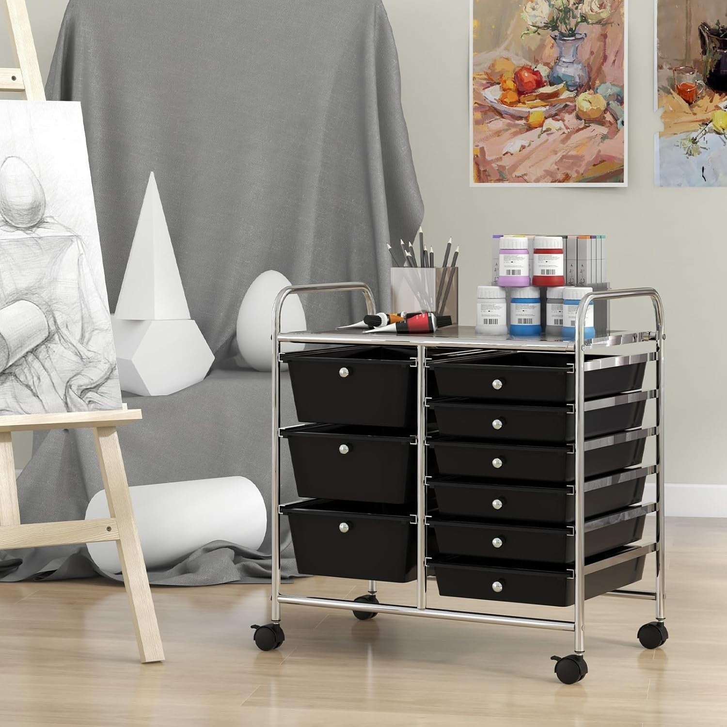 9 Drawer Rolling Storage Cart Utility Organizer Trolley Black Wheels