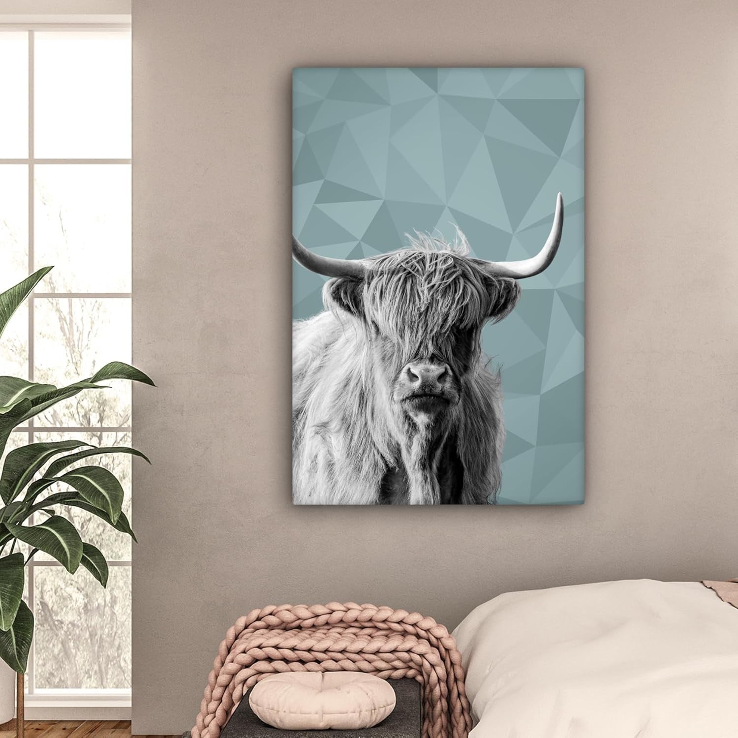 Large Highland Cow Canvas Wall Art Black White Modern Animal Print 31x47