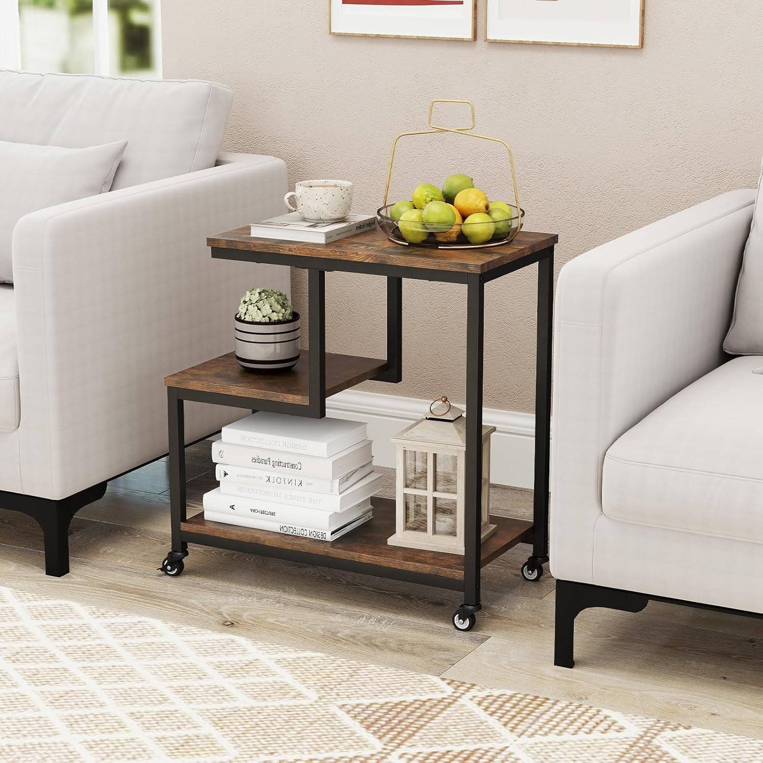 3-Tier G-Shaped Sofa Side Table with Wheels | Storage Shelf & End Stand