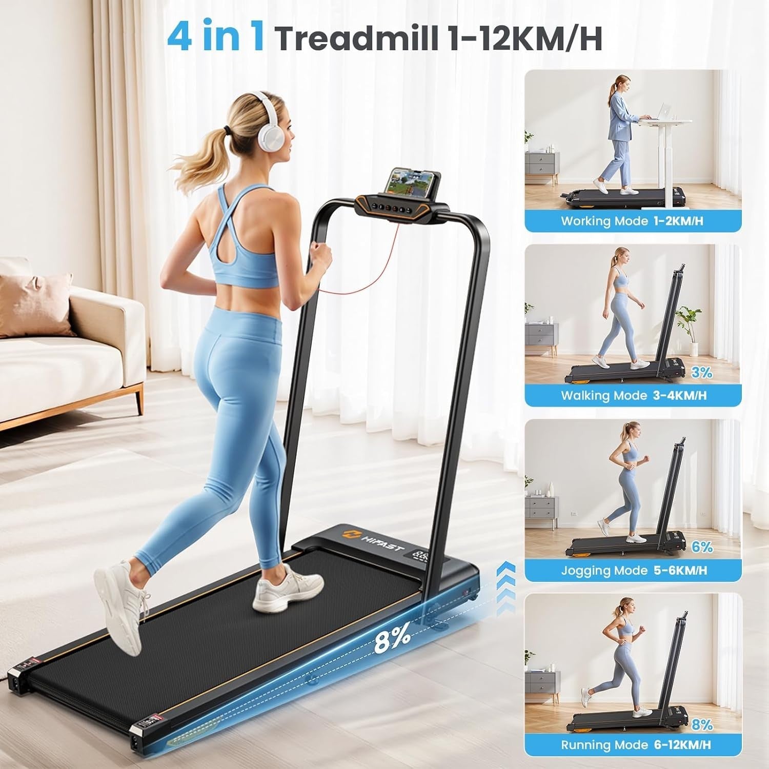 Foldable Walking Pad Treadmill 8% Incline 1-12km/h Quiet Home Gym