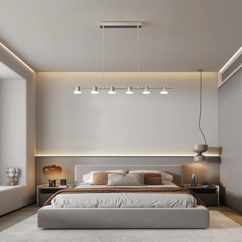 Modern 6-Light LED Pendant Chandelier Remote Dimmable 110CM Chrome Bar
