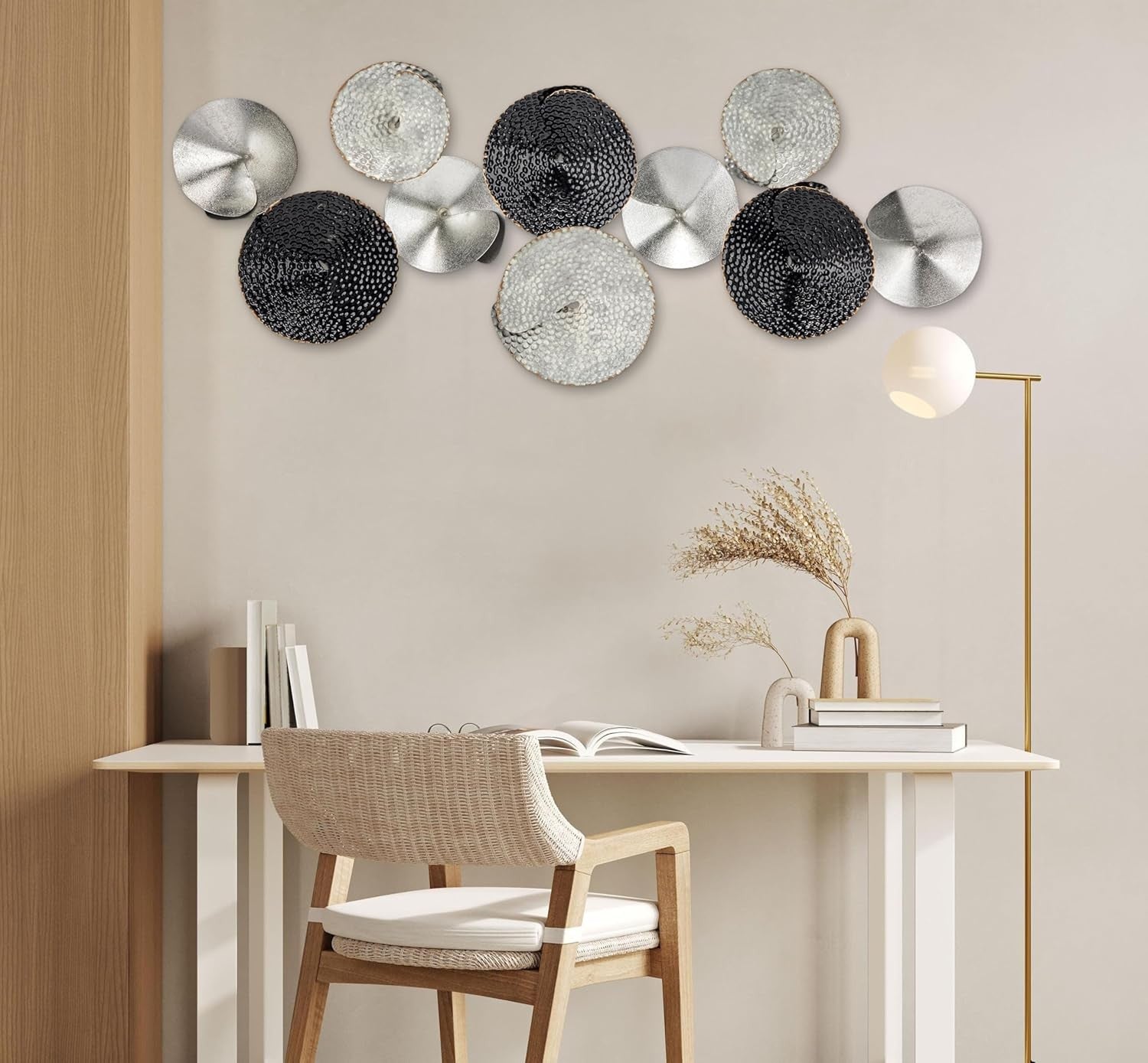 3D Metal Circle Wall Art Black Silver 104x39cm Modern Decor