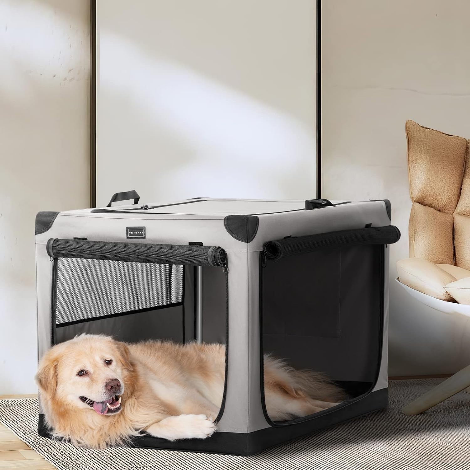 Foldable Large Soft Dog Crate – Portable Travel Kennel for Home & Car (Grey)