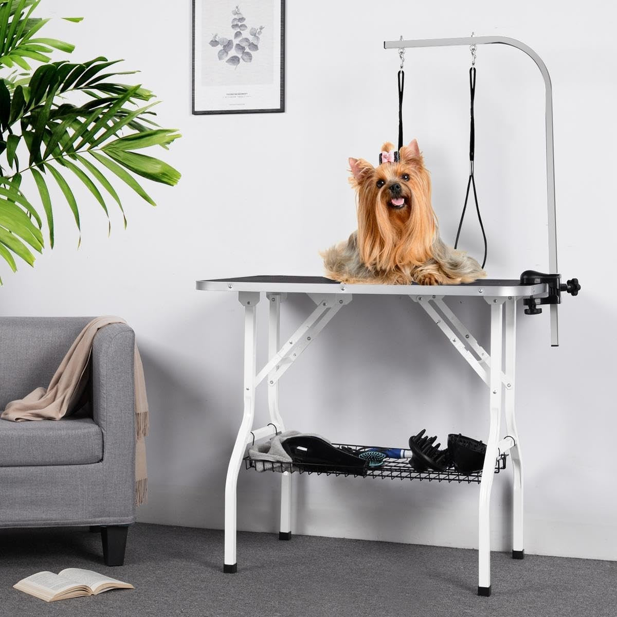 36" Dog Grooming Table Foldable Adjustable Height Non Slip w Arm Basket