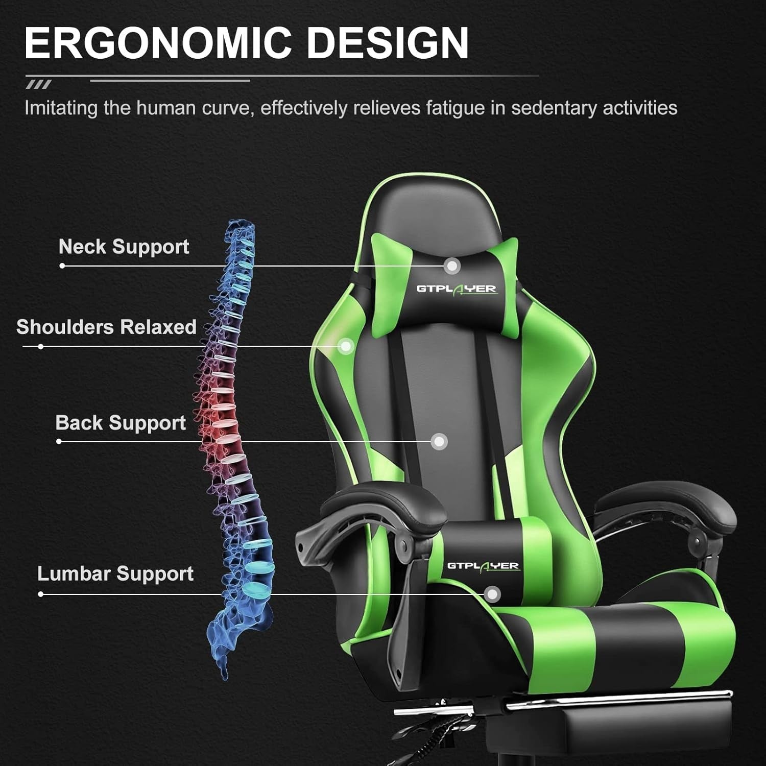 Gaming Chair Faux Leather Reclining Massage Lumbar Support Footrest Green