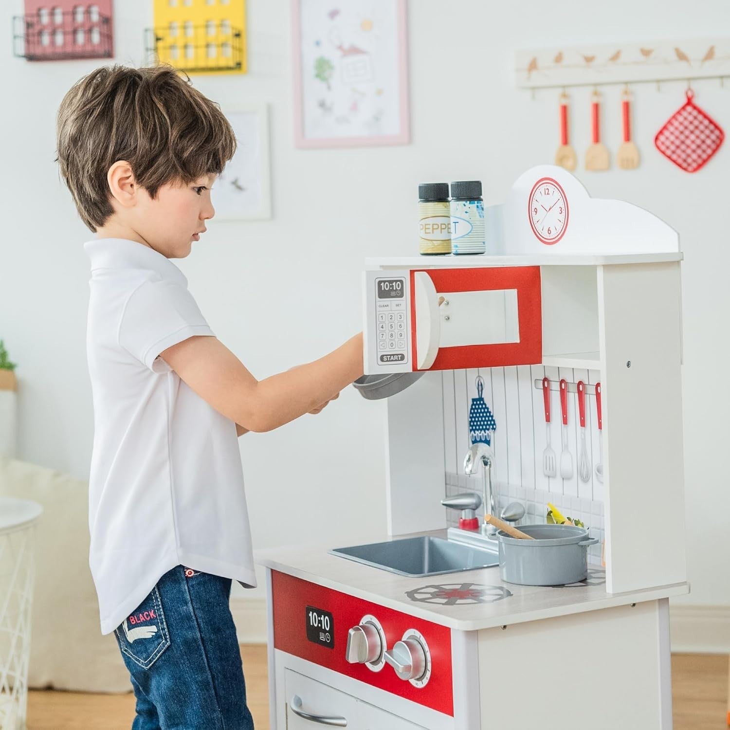 Compact Wooden Kids Play Kitchen Sink Oven Microwave White Red