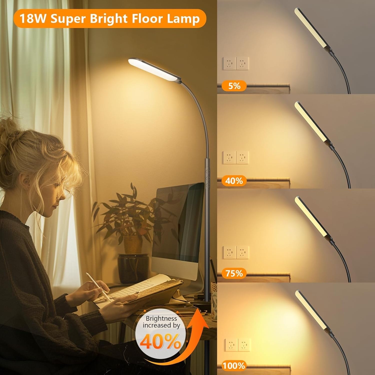 LED Floor Reading Lamp Remote Control Dimmable Adjustable Light Black