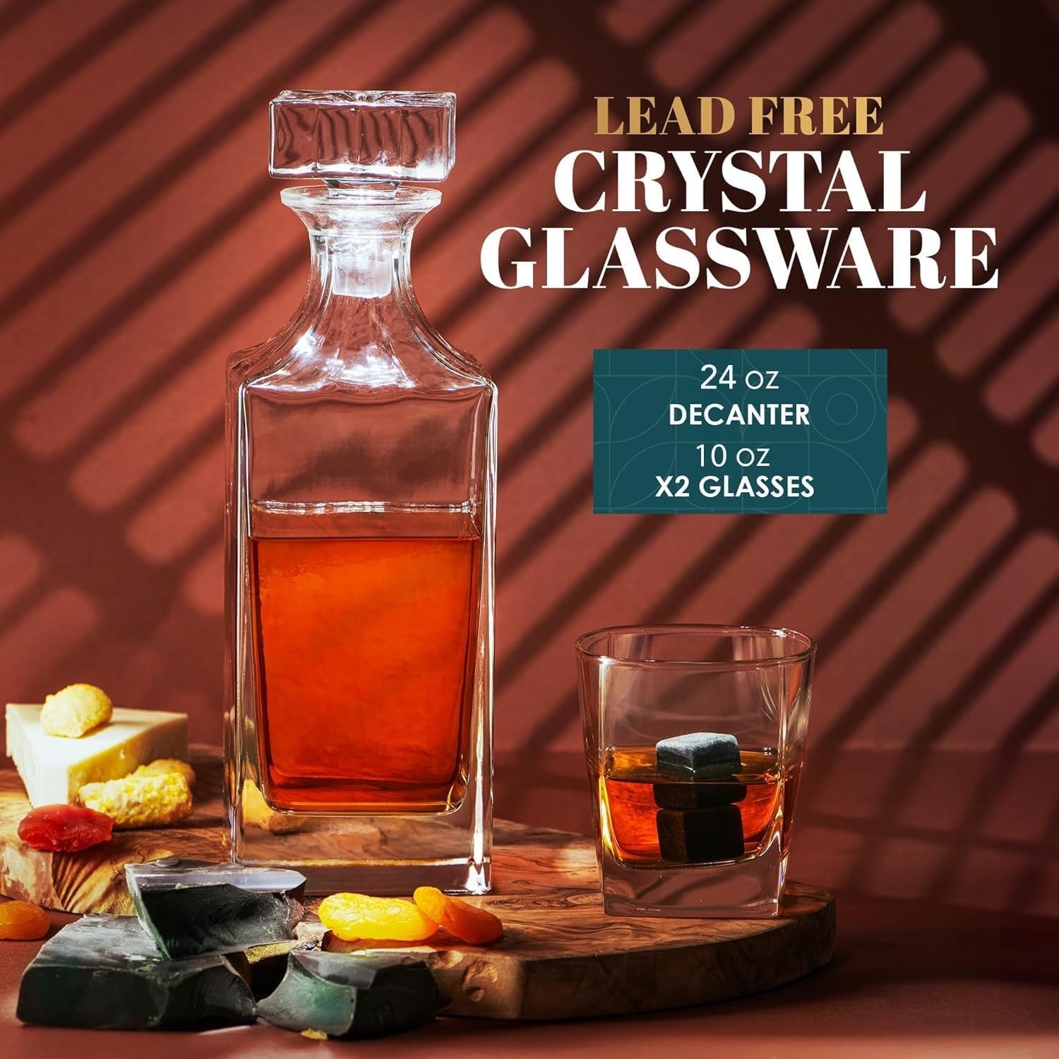 Luxury 1000ml Whisky Decanter Gift Set with Glasses Stones Tongs & Wooden Box