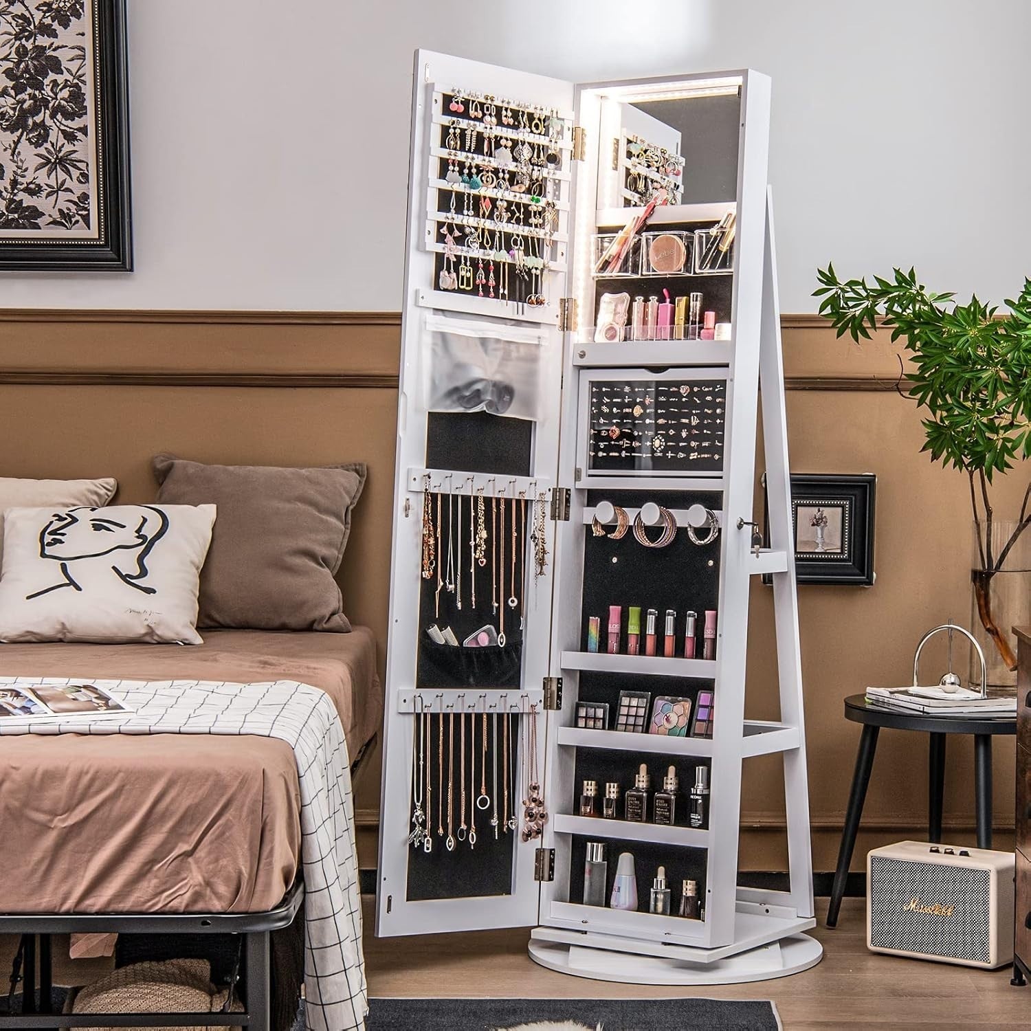 360° Rotating Jewelry Cabinet LED Mirror Lockable Freestanding Organizer