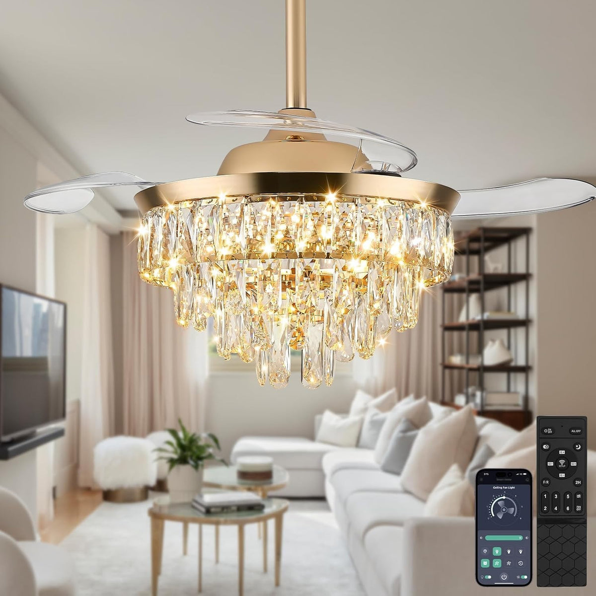36" Crystal Ceiling Fan with Light & Remote Dimmable LED Gold