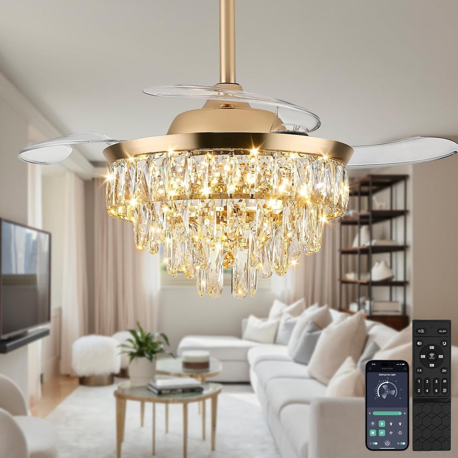 36" Crystal Ceiling Fan with Light & Remote Dimmable LED Gold