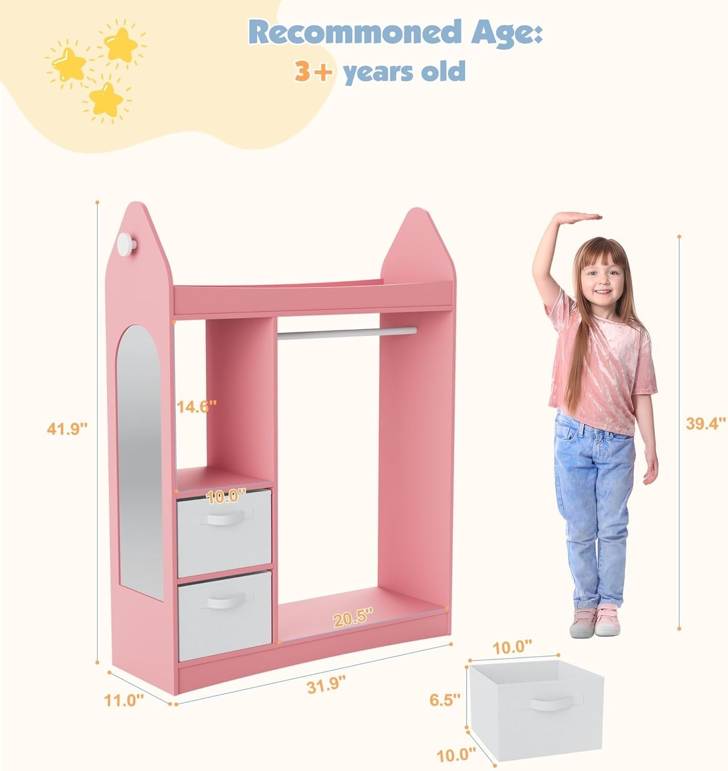 Kids Wardrobe with Mirror, 2 Drawers & Hanging Rail, Pink Rocket Design