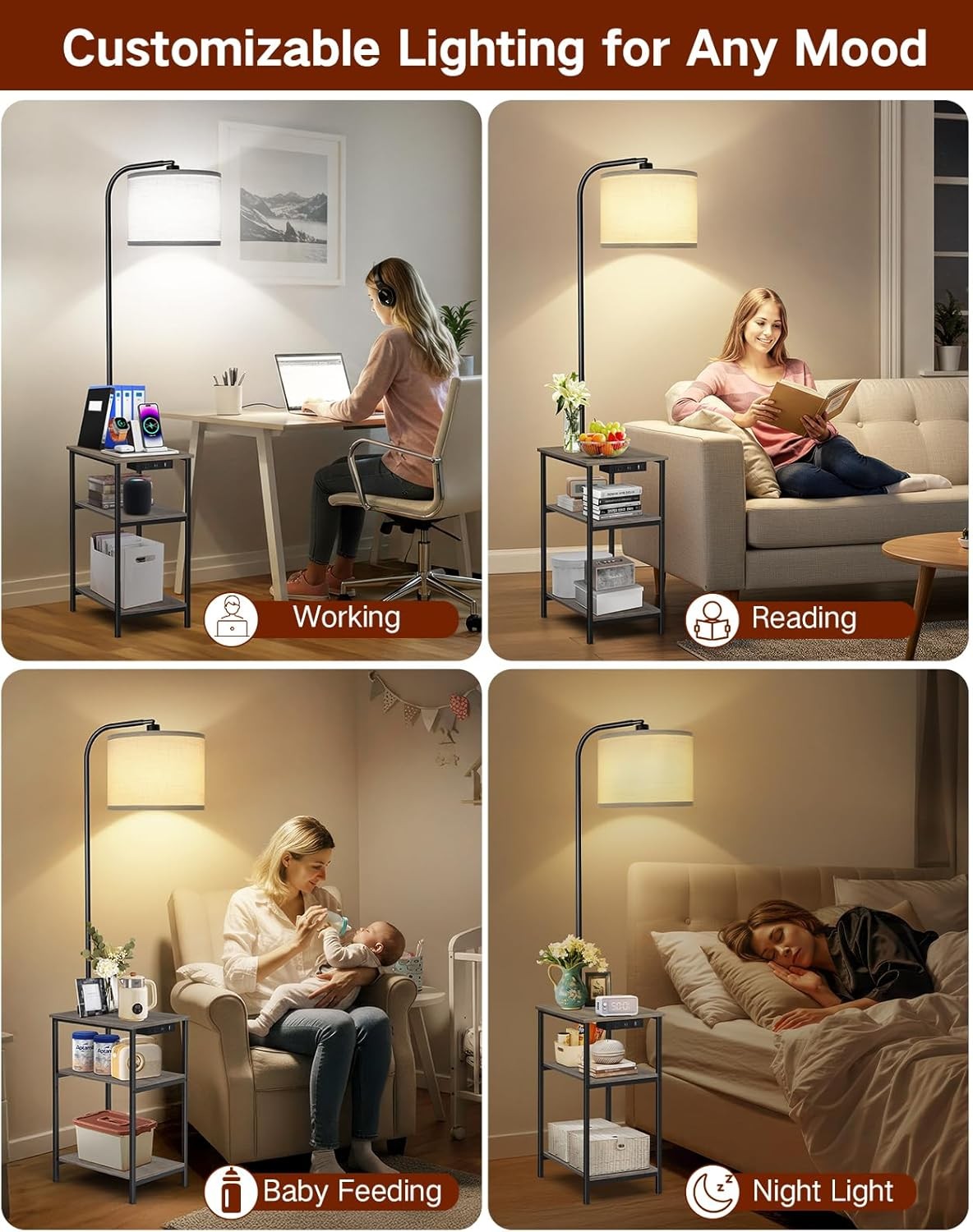 Floor Lamp with Table & Remote, Dimmable LED, USB Charging, Grey