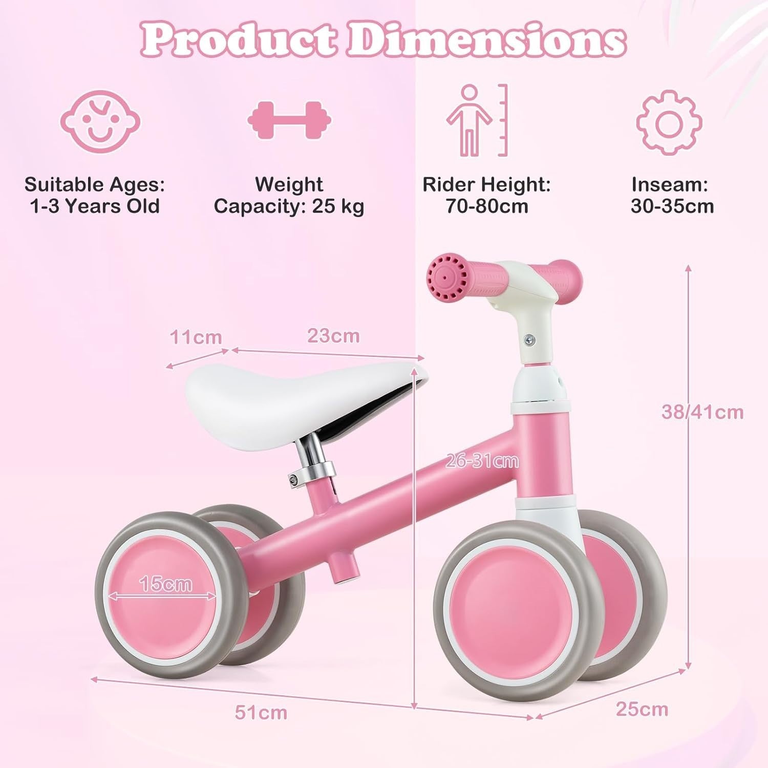 Baby Balance Bike 4 Wheel Toddler Ride On Adjustable Seat 1-3 Years
