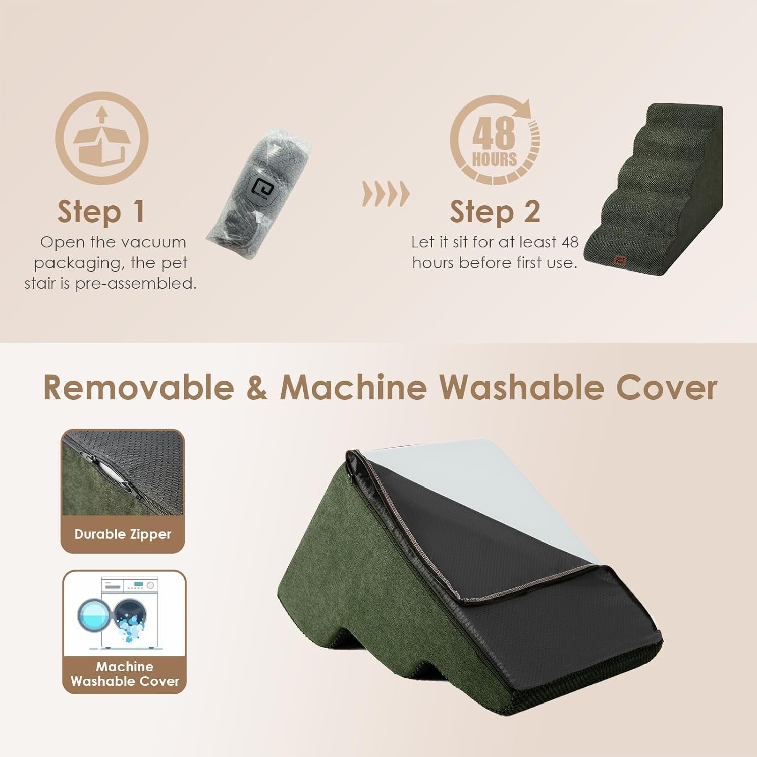 5 Step Dog Stairs for High Bed Non Slip Pet Steps Olive 83.5cm