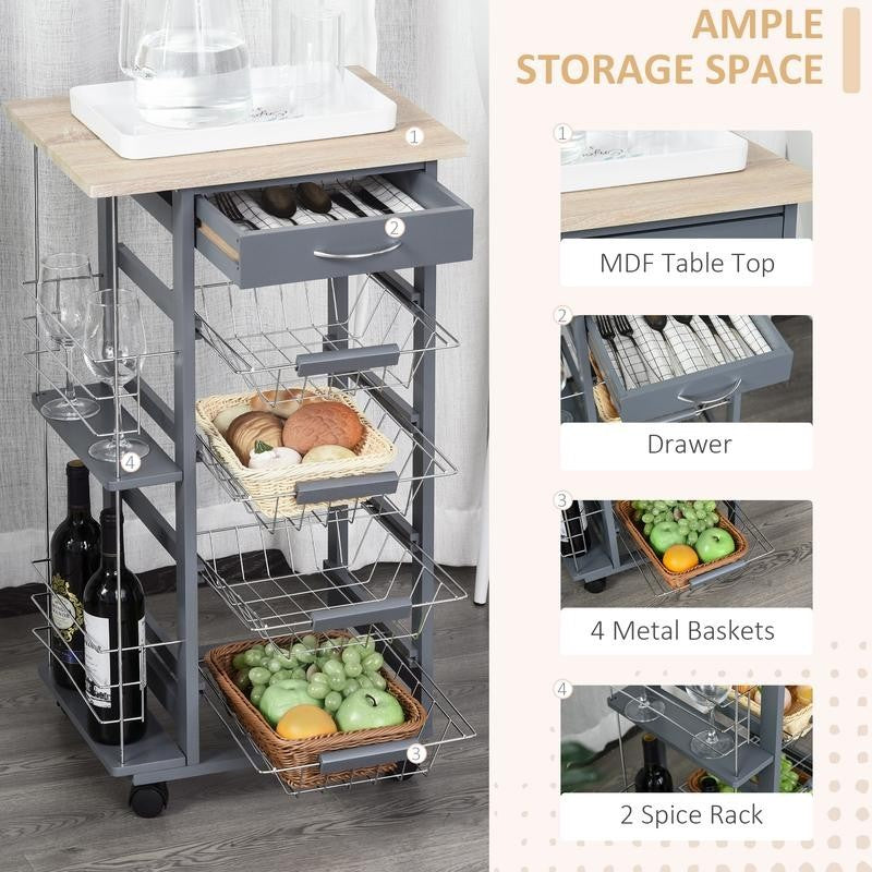 Grey Kitchen Cart with 4 Metal Baskets Drawer & Side Racks on Wheels