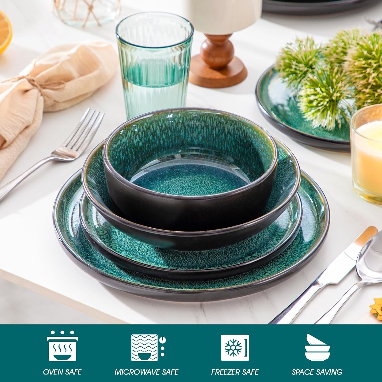 48pc Green Dinner Set Plates Bowls Stoneware Reactive Glaze Service for 12