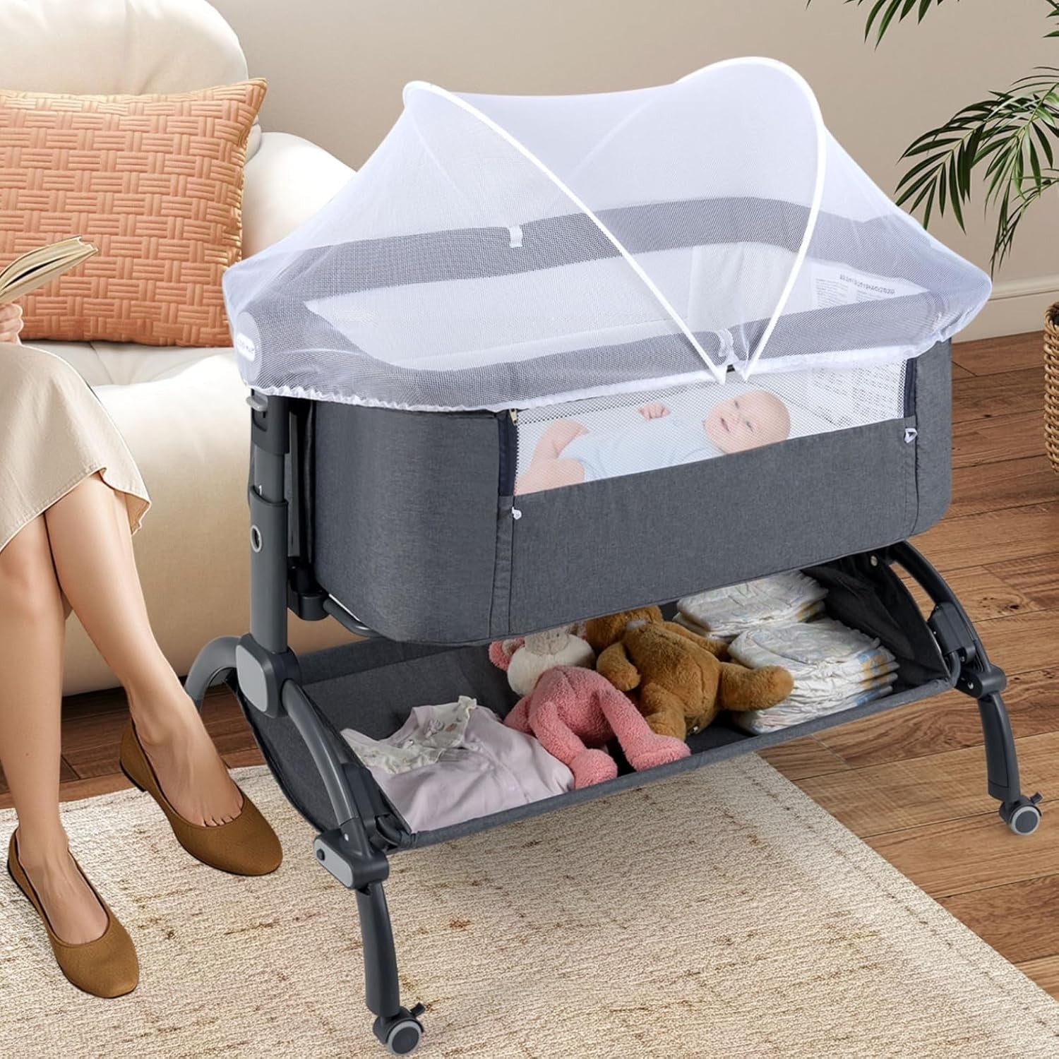 Baby Bedside Crib Adjustable Bassinet with Mattress Newborn Sleeper Dark Grey