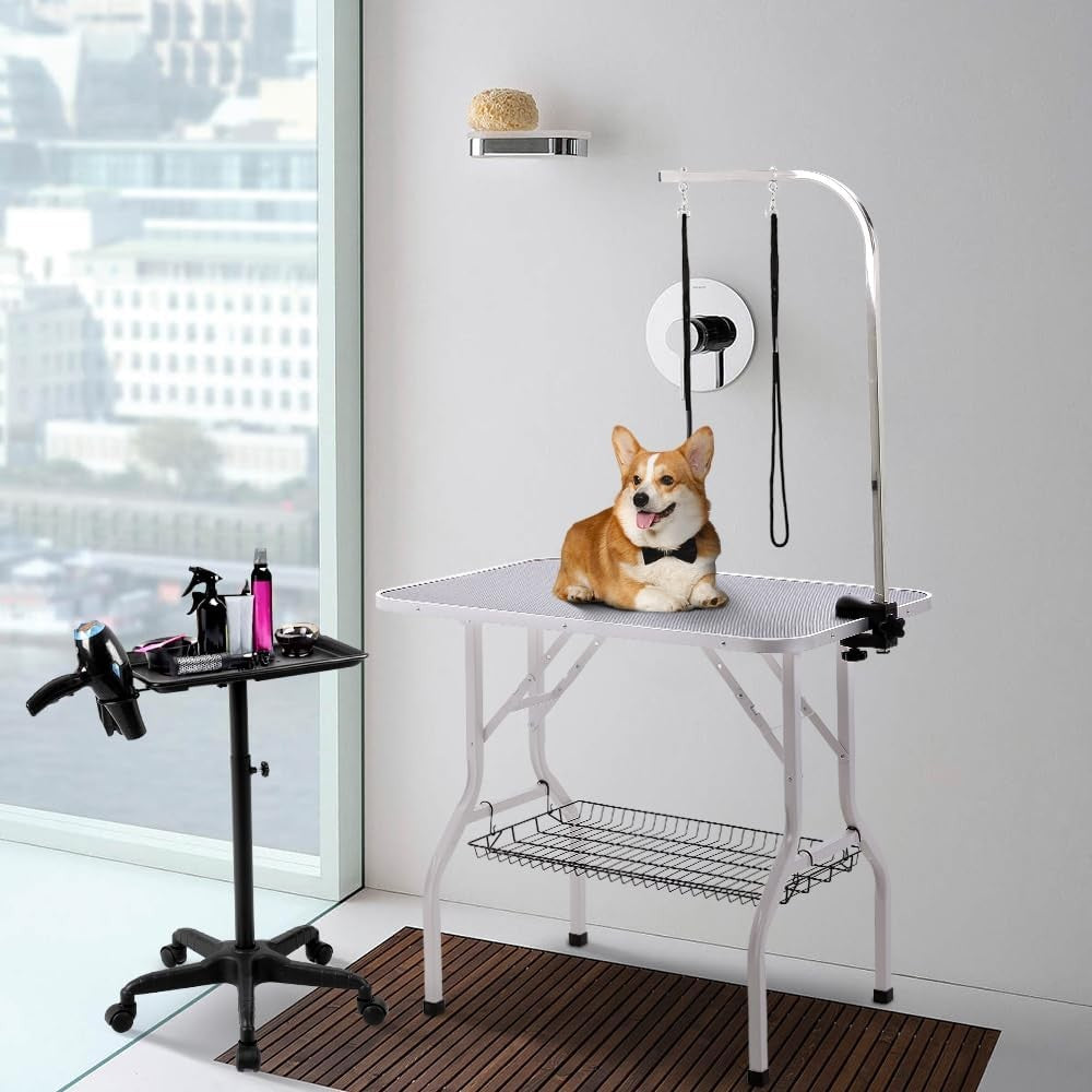Dog Grooming Table Foldable Adjustable Height Non Slip w Arm Noose Tray