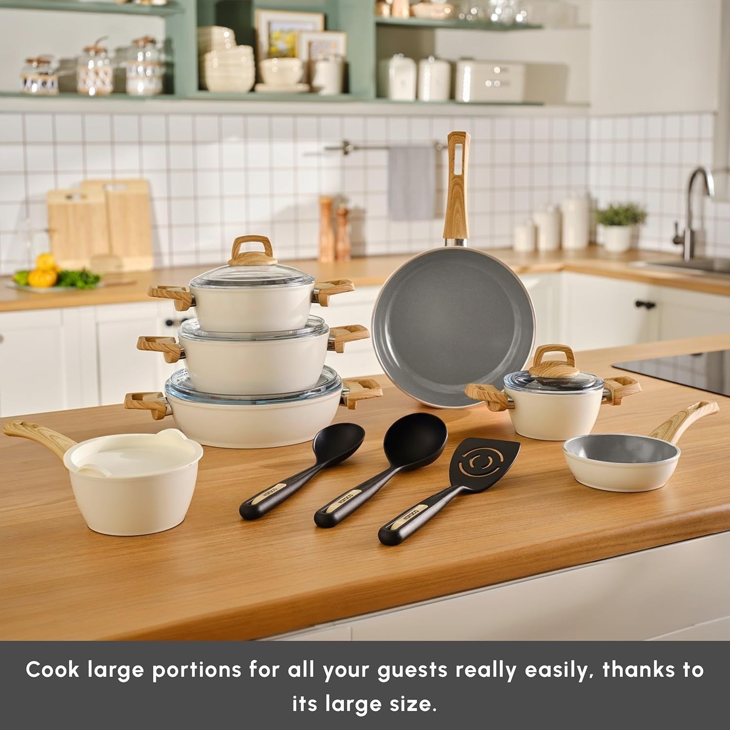 15Pcs Cream Ceramic Non-Stick Cookware Set with Lids & Utensils, PFAS-Free