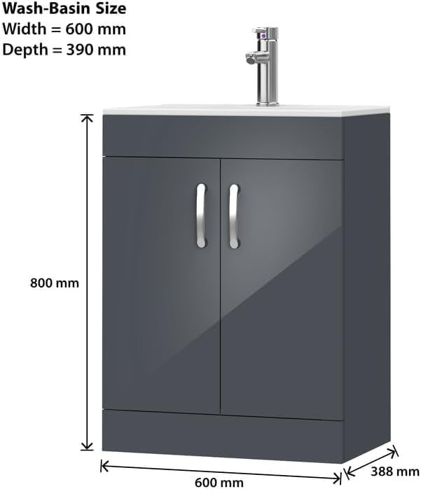 600mm Grey Under Sink Bathroom Vanity Unit with Basin Cupboard Storage Cabinet