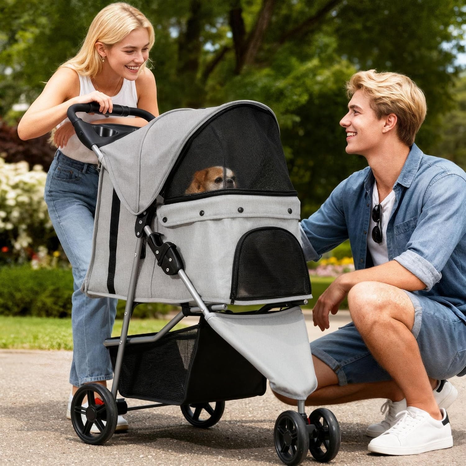 3 Wheel Dog Stroller Folding Pet Pram 15kg Mesh Windows Brakes Cup Holder