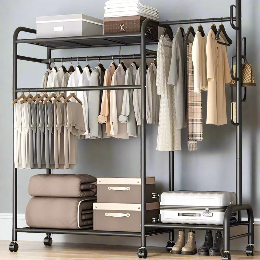 INDOORIST Heavy Duty Double Clothes Rail Rack with Shelves Wardrobe