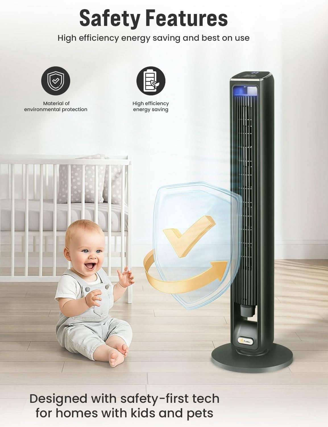 42" Smart Tower Fan – WiFi Alexa Control LED Bladeless Cooling Fan Black Remote
