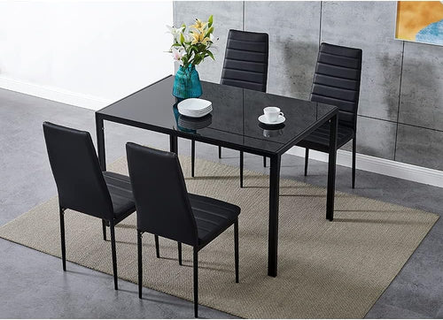 Black Tempered Glass Dining Table & 4 PU Leather Chairs - Sleek & Durable