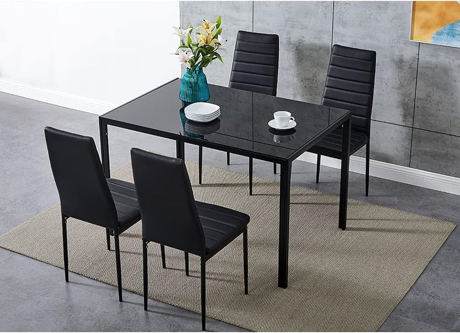 Black Tempered Glass Dining Table & 4 PU Leather Chairs - Sleek & Durable