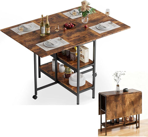 Foldable Space Saving Dining Table with Storage Shelves & Locking Wheels