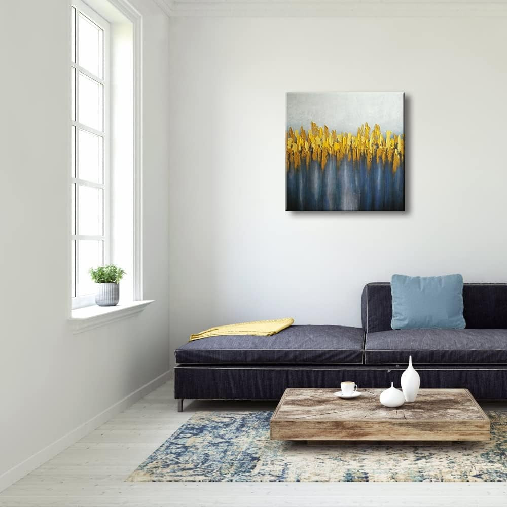 Abstract Grey Blue Gold Oil Painting Canvas 60x60cm