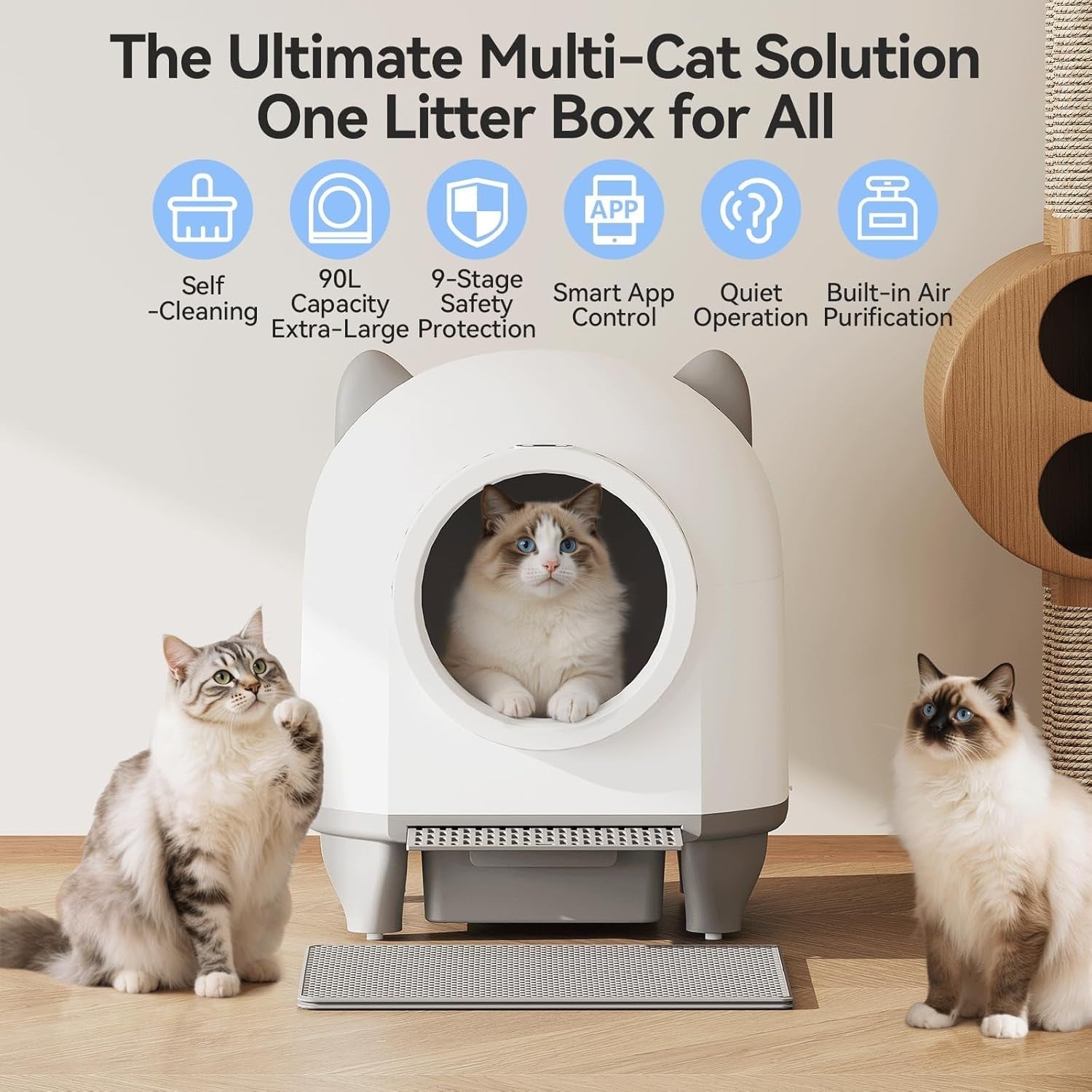 XXL Self Cleaning Cat Litter Box 90L APP Control Multi Cat White