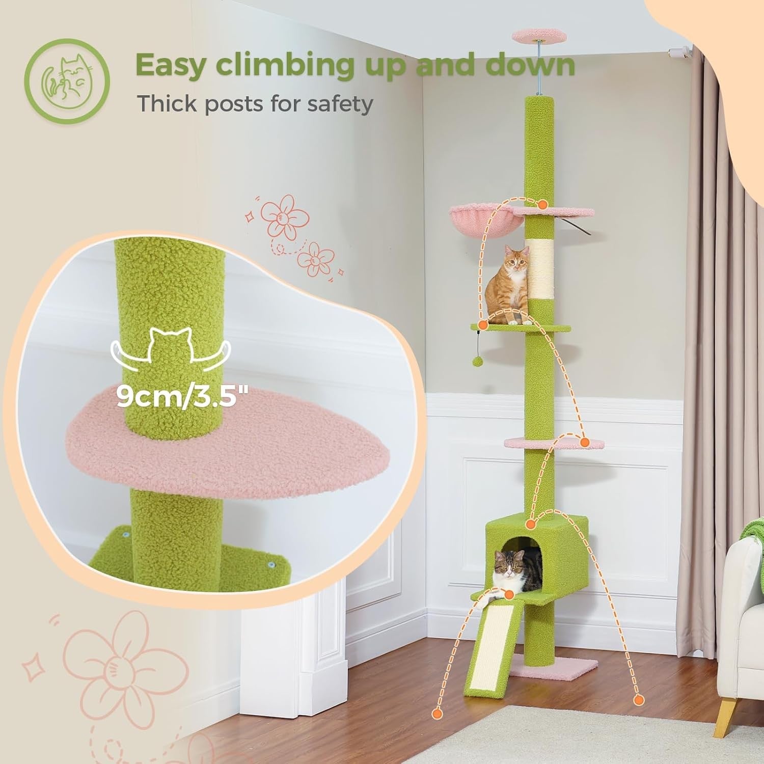 Floor to Ceiling Cat Tree Adjustable 216–273cm Tower Hammock Scratcher