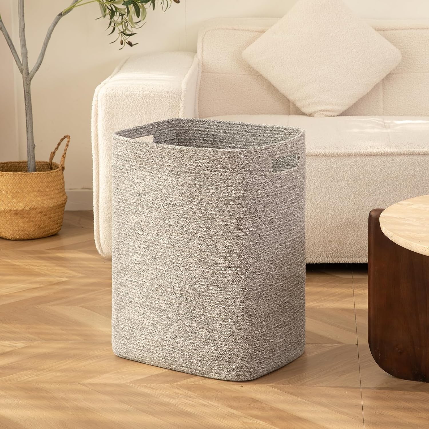 Large Woven Laundry Basket with Handles 16x13x22in Grey Cotton Storage Hamper