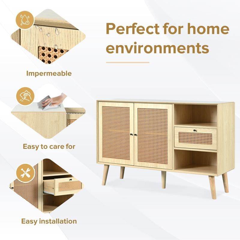 Modern Woven Rattan Sideboard Cabinet Light Wood Nordic Storage Unit