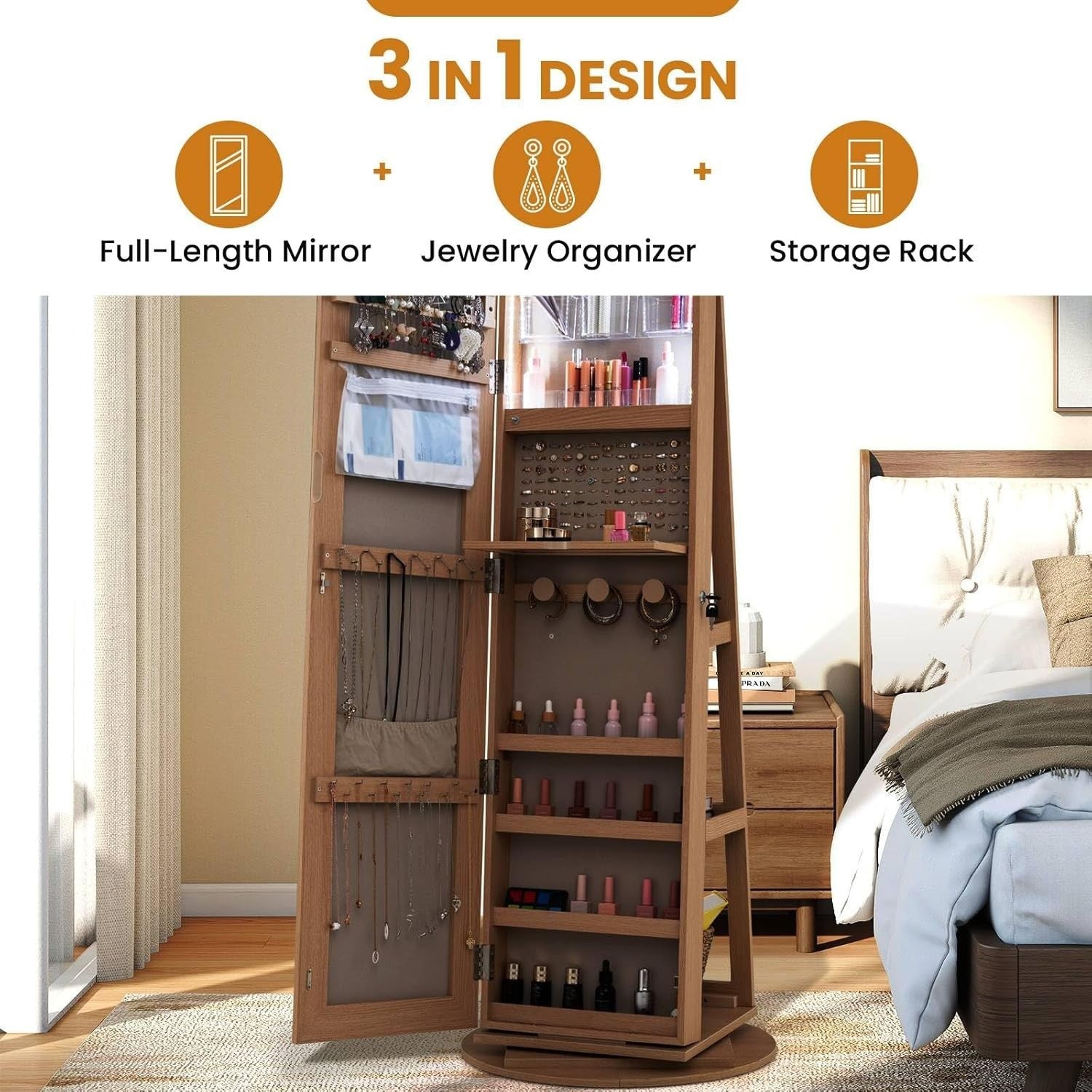 Natural 360° Swivel LED Jewelry Cabinet Mirror Lockable 3-Color Storage