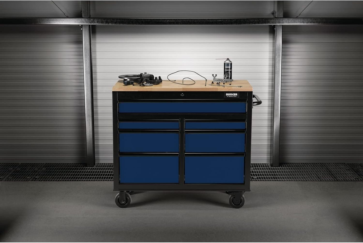 41" Roller Tool Cabinet 7 Drawer Mobile Workbench Hardwood Top Blue