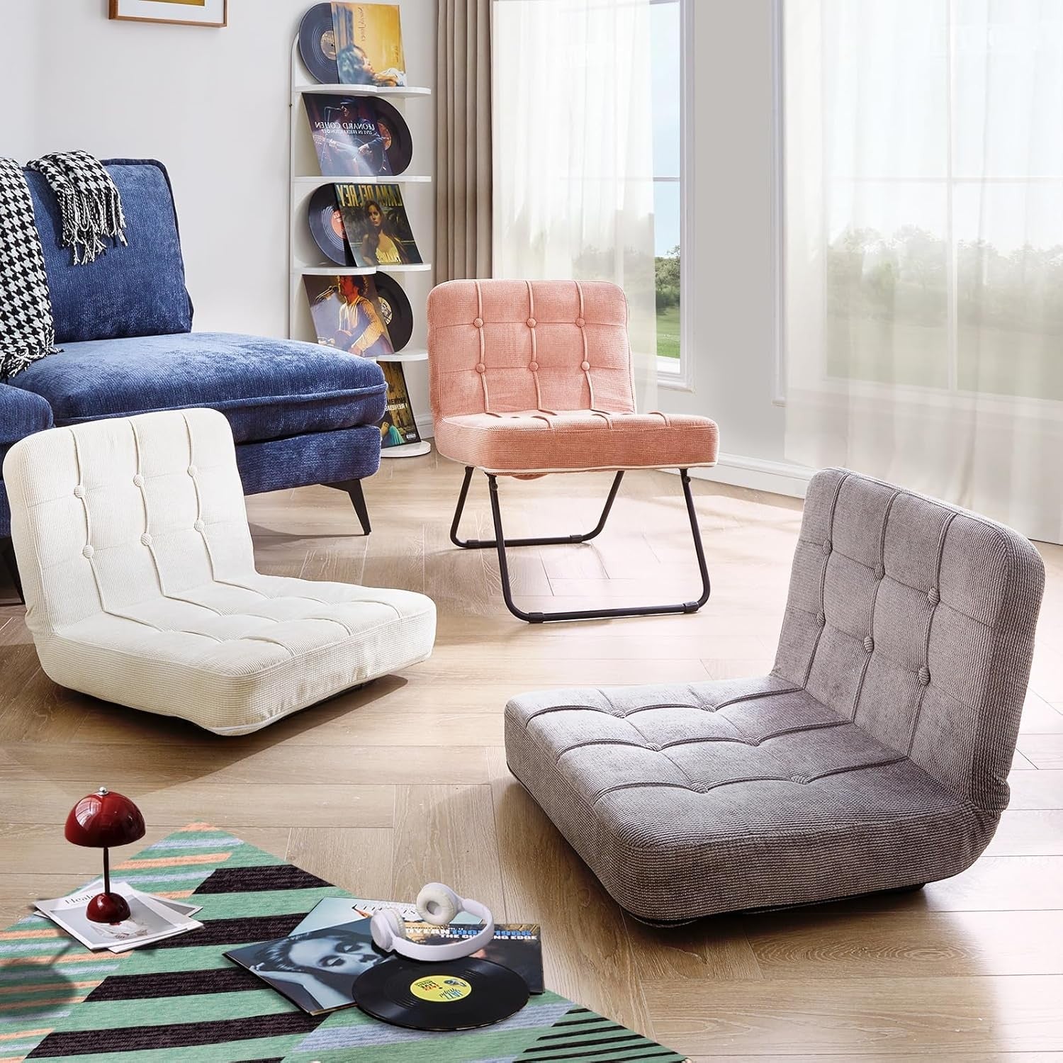 Folding Accent Chair Corduroy Lounge Seat Metal Legs Pink