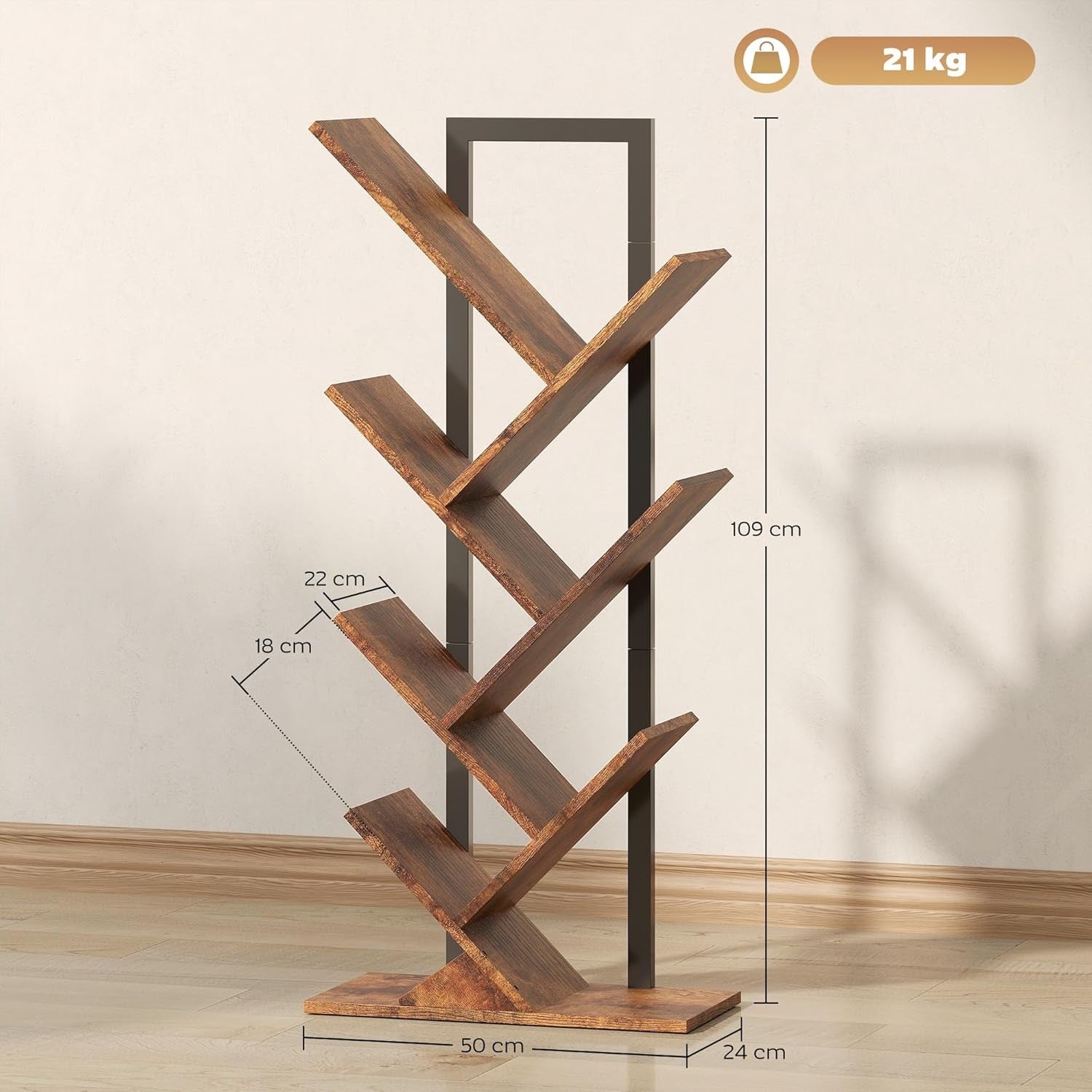 7-Tier Tree Bookshelf Rustic Brown Industrial Bookcase Vertical Space-Saving She