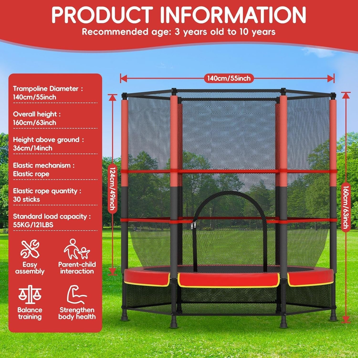 Kids Trampoline 140cm with Safety Enclosure Indoor Outdoor Ages 3-10