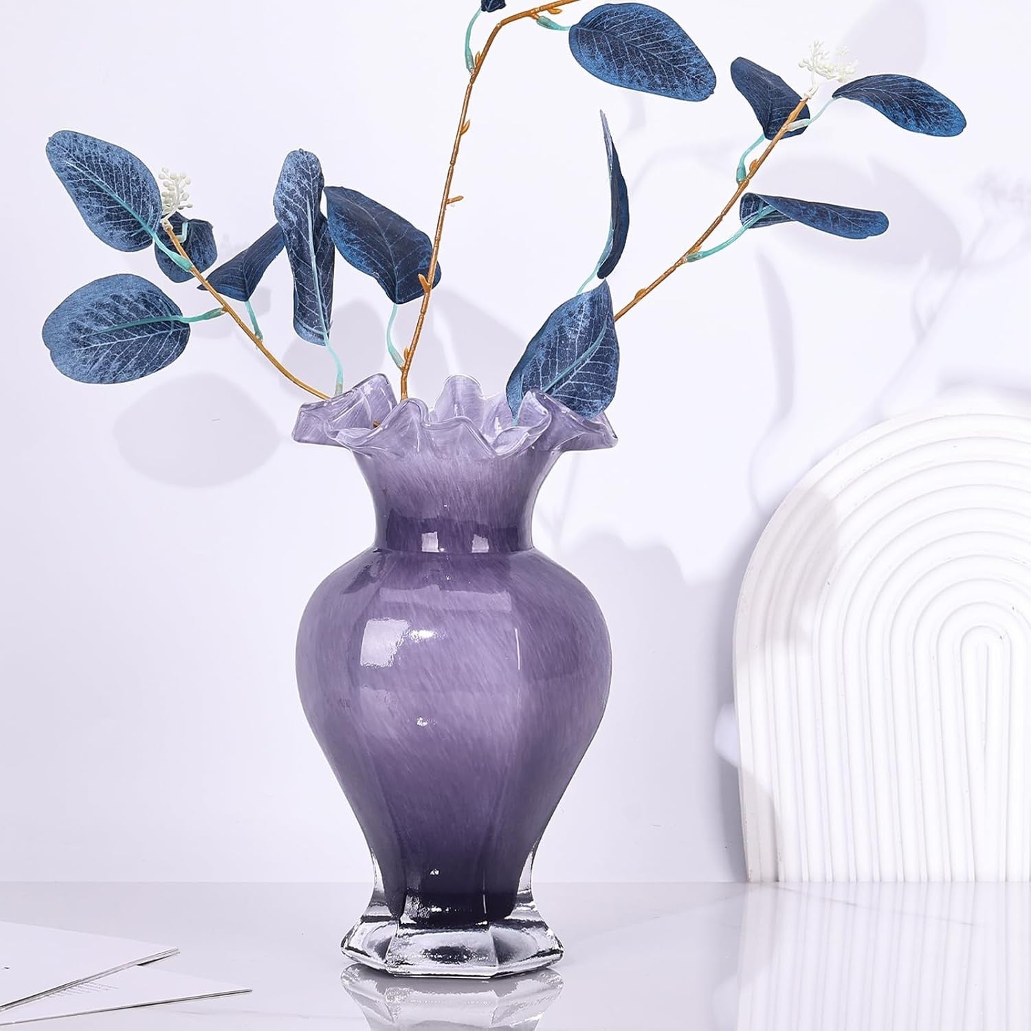 Hand Blown Purple Glass Vase 24cm Tall Art Centerpiece Table Decor
