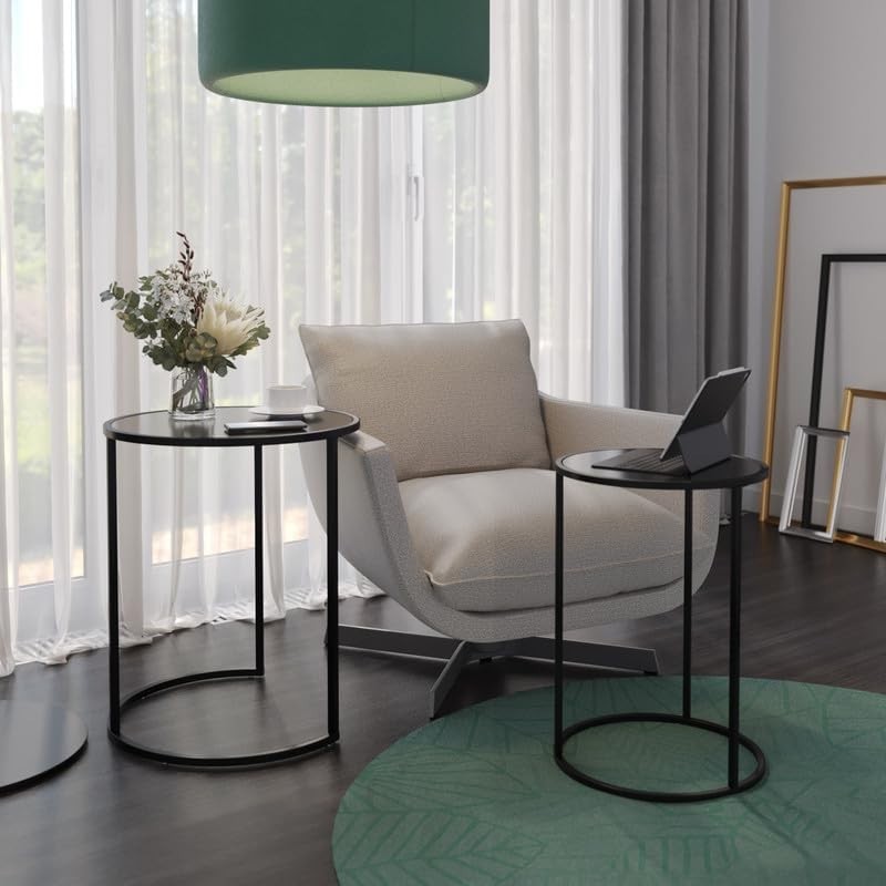 2pc Round Nesting Coffee Table Set Black Glass Top Steel Base Modern Side End